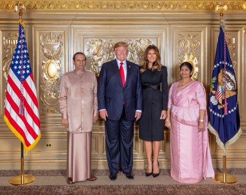President Donald J. Trump and First Lady Melania Trump stand with His Excellency Maithripala Sirisena, President of the Democratic Socialist Republic of Sri Lanka, and Mrs. Jayanthi Pushpa Kumari Sirisena during a photo opportunity prior to the Diplomatic Reception Monday, Sept. 24, 2018, at the Lotte New York Palace in New York. (Official White House Photo by Andrea Hanks)